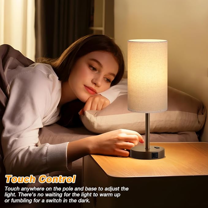 Dicoool 17.4" Bedside Lamp for Bedroom - Dimmable Touch, USB A+C, AC Outlet | LED Bulb Included, 3-Way Dimmable, 17.4" Table Lamp for Living Room, Dorm, Beige Fabric Lampshade, Brown Metal Base - Image 4