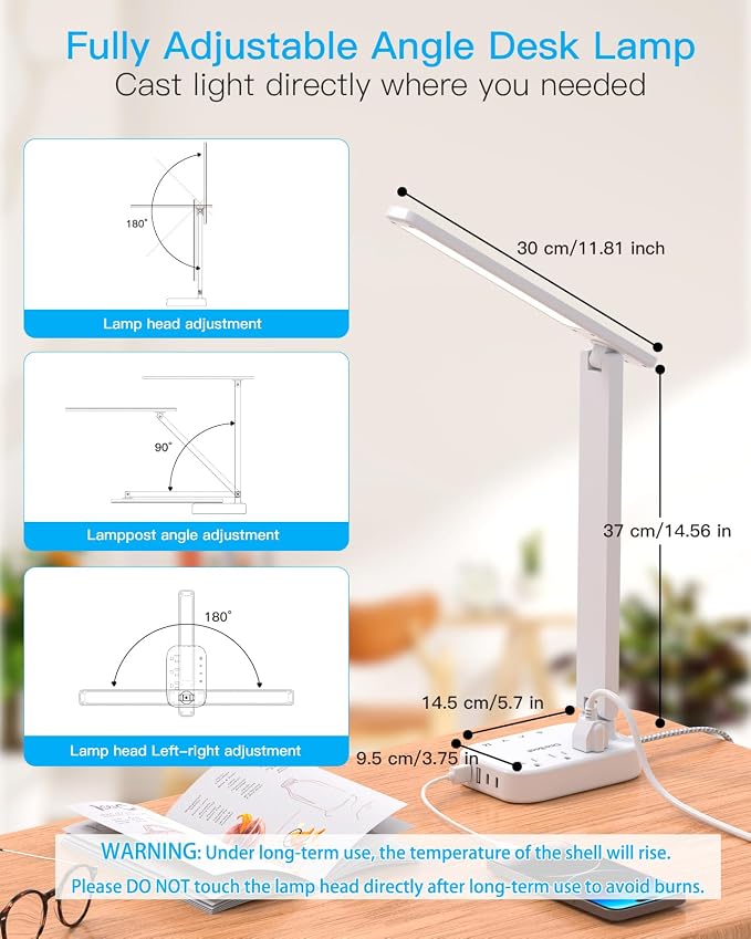 One Beat Small LED Desk Lamp Power Strip 5ft Extension Cord with 3 Outlets 4 USB Ports(2 USB C), 4 Modes, 5 Level Touch Lamp Study Reading Light, Home Office Bedroom College Dorm Room Essentials,White | One Beat 4 Modes 5 Level Brightness Touch Lamp, S... - Image 6