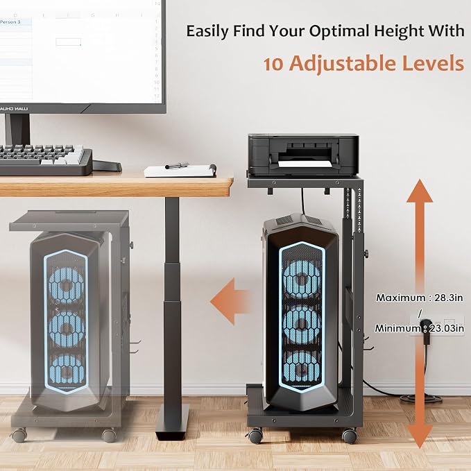 JANE EYRE Computer Tower Stand - Adjustable PC Tower Stand CPU Holder Cart with Charging Station for Office Home Classroom,23.03"-28.3" H, black - Image 4