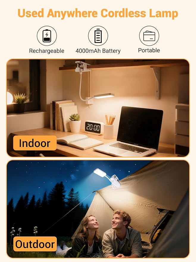 Clip on Lamp, 9 Brightness+5 Colors Reading Lights for Books in Bed Lamp | 4000mAh Battery Clip on Light,450 Lumen Rechargeable Desk Lamp for Dorm Lamp,Book Light for Reading in Bed Headboard/Bedside - Image 4