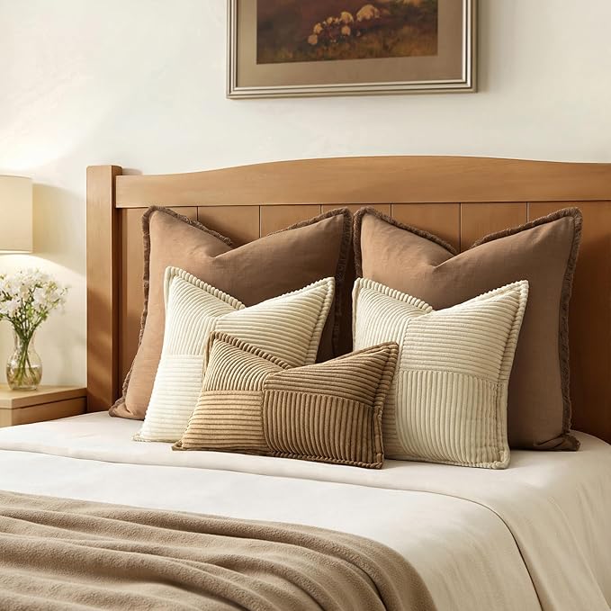 MIULEE Cream Corduroy Decorative Euro Sham Pillow Covers 24x24 Inch with Splicing Set of 2 Soft Boho Pillow Covers Broadside Textured Pillowcases for Couch Bed Livingroom - Image 3