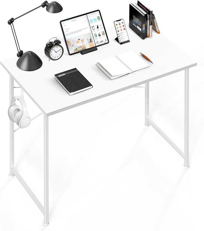 Small Space Writing Desk with Headphone Hooks, Modern Simple Design, Suitable for Study, Home Office and Living Room by YSSOA