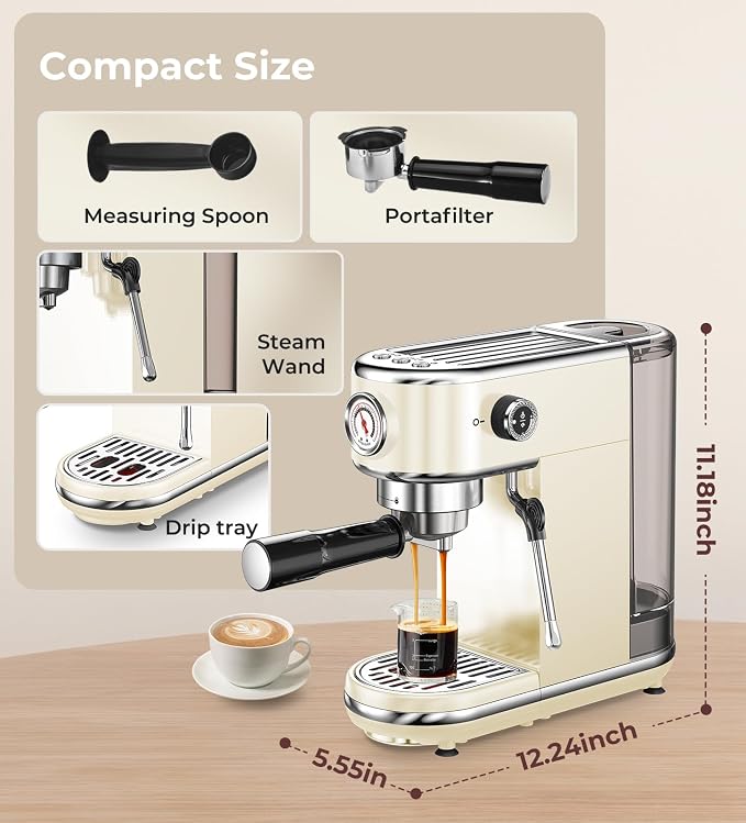 atatix 20 Bar Espresso Machine with Milk Frother, Compact Espresso Maker | Stainless Steel Coffee Machine with Precise Temp Control & 44oz Removable Water Tank for Latte, Cappuccino, Creamy White - Image 9