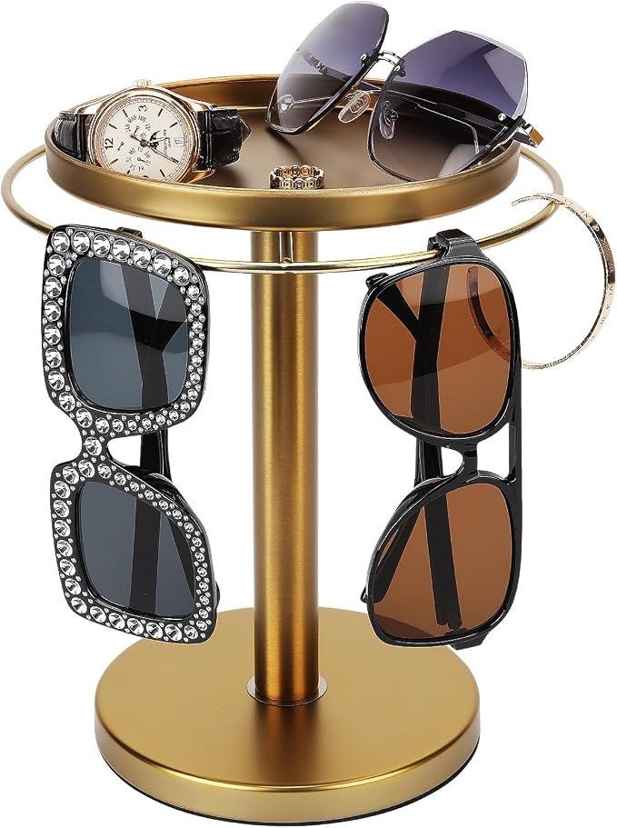kondyfayo 360° Rotating Sunglass Organizer Storage, Stainless Steel Glasses Holder Stand, Glasses Organizer with Tray for Desk, Dresser, Tabletop, Nightstand and Home Decor (Gold) | Stainless Steel Stand with 360 Rotation Holds 9 to 12 Pairs. Top Tray ... by KONDYFAYO
