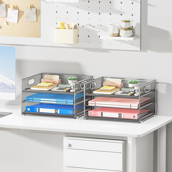 Subekyu 2-Pack 3-Tier Silver Metal Mesh Desk Paper Letter Tray & File Sorter Organizer with Handle + 1 Sliding Tray for Desk, Home, Office, School Supplies, A4 Paper and Accessories Storage - Image 3