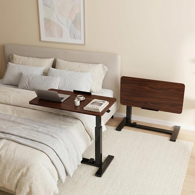 Overbed Table Adjustable Bedside Desk with Wheels Brown | Pneumatic Lift Design Offers Easy Height Adjustment for Bed and Sofa Use - Image 7
