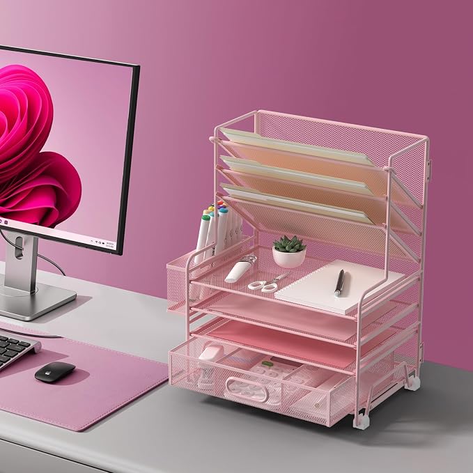 MINDEPOT 4-Tier Paper Organizer + 3-Pocket File Holder + Drawer + Pen Holders, Desktop File Organizers Paper Tray for Office Supplies School Classroom Organization (Pink, with Drawer & Pen Holder) - Image 5