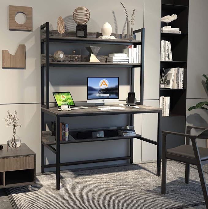 Aquzee Desk with Hutch Bookshelves, Computer Desk with 3 Tiers Storage Shelves, Space Saving Design Black Metal Legs Desk with Grey Board, Easy Assemble - Image 2