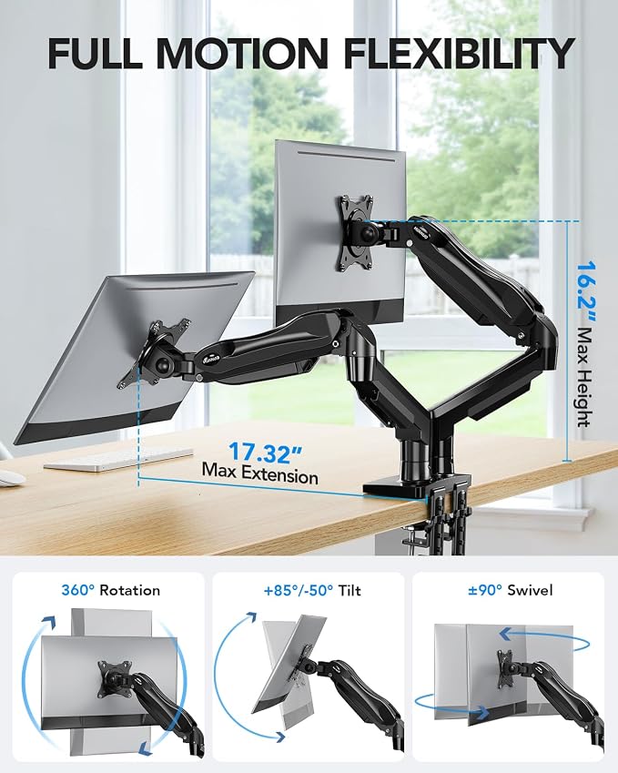 HUANUO Dual Monitor Stand, Fully Adjustable Gaming Monitor Desk Mount for 13–27″ Computer Screens, Full Motion VESA 75x75/100x100 with C-Clamp & Grommet Base, Each Arm Holds 4.4 to 19.8 lbs - Image 3