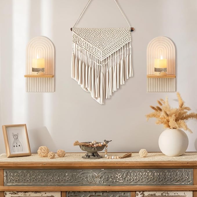 Boho Wall Candle Holder Set of 2 with White Arched 3D Design | Mid-century Candle Sconces, Soild Wood, Modern Minimalist, for Pillar, Plants, Bohemian Art Decor, Beside Fireplace and TV - Image 2