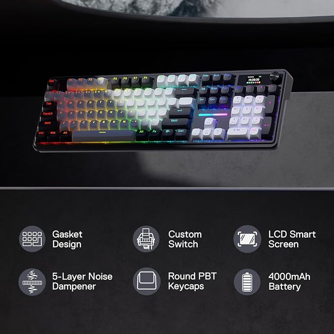 Redragon K762 PRO Wireless 104-Key Gasket Gaming Keyboard, Screen & Knob | Easy-Control LED Info Display, 0-Delay Tri-Mode, Cushioned 5-Layer Noise Dampening for Creamy Thocky Sound, Full-Size 104-Key - Image 2