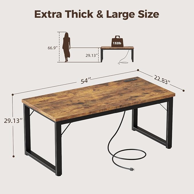 Mericonia 54 Inch Computer Desk with Power Outlets, 1.2" Thick Office Table | Modern Simple Style, Heavy Duty Industrial Frame, Study & Writing Table for Home Bedroom Work, Brown - Image 2