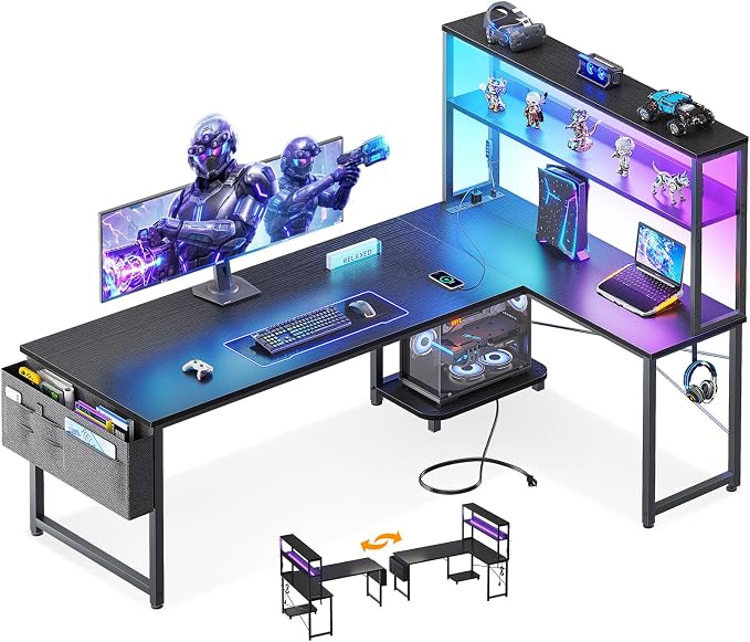ODK 61" L Shaped Gaming Computer Desk with Shelves, LED & Outlets, Black | Headset hook. Storage bag. Shelves for books & supplies. LED for gaming nights. Reversible. Room for multiple monitors. by ODK