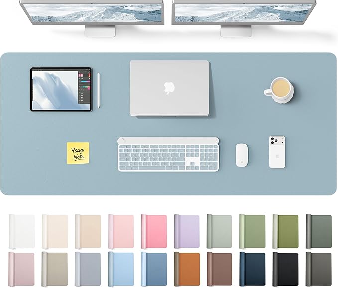 YSAGi Leather Desk Pad Protector, Office Desk Mat, Large Mouse Pad, Non-Slip PU Leather Desk Blotter, Laptop Desk Pad, Waterproof Desk Writing Pad for Office and Home (Ice Blue,55" x 17.2") by YSAGi
