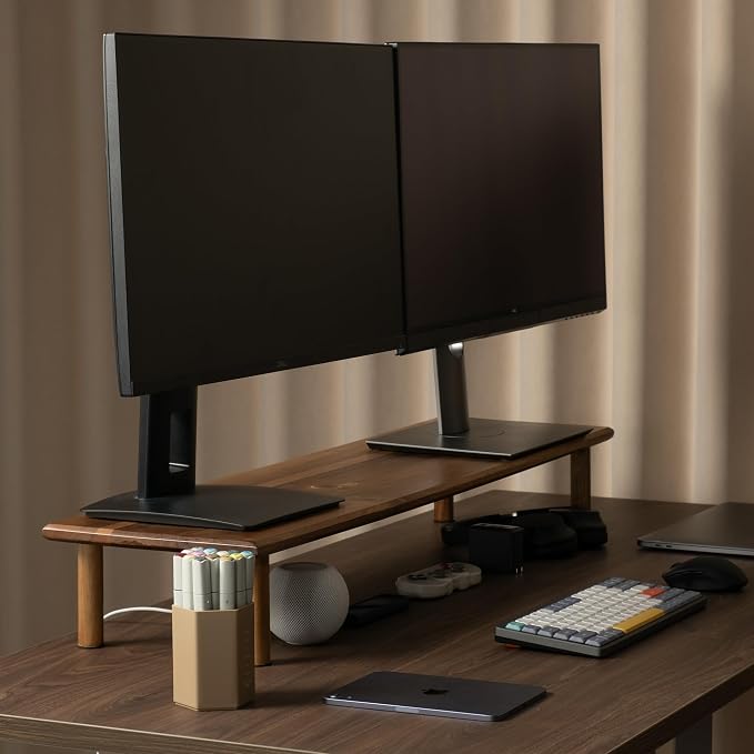 Dual Monitor Stand Riser Acacia Wood, Wooden Desk Monitor Riser for 2 Monitors Supports for Monitor, Printer, Heavy TV Riser up to 130 lbs - Image 2