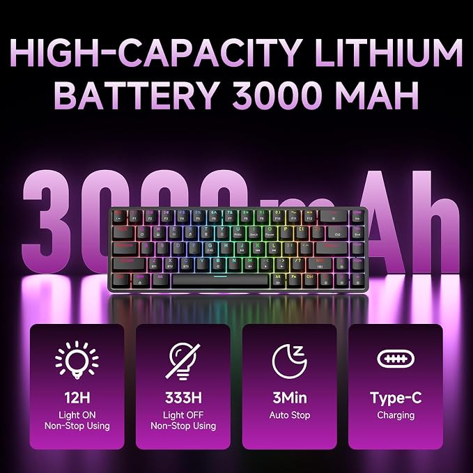 DIERYA DK68 60% Wireless Mechanical Gaming Keyboard, 3-Mode, Bluetooth 5.0/2.4G/USB-C, RGB Backlit, 68-Key Compact Mini for Windows, Mac, Linux - Linear Red Switch - Black - Image 6