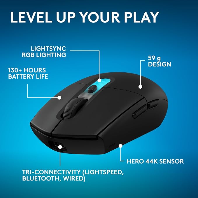 Logitech G305 X Superlight Wireless Gaming Mouse - Black | 59g Lightweight, 44K DPI, 678 IPS, Wireless 2.4 GHz/Bluetooth/USB-C, <170 hr Battery, 6 buttons, RGB, PC/Mac Compatible - Image 3