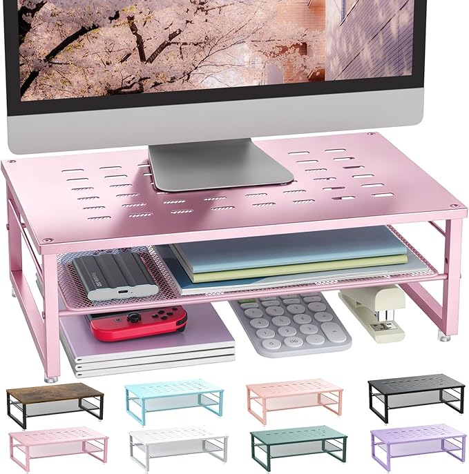 Gianotter 2-Tier Metal Monitor Stand Riser, Workspace Organizer with Desk Accessories, Office Storage for Supplies (Pink) by gianotter