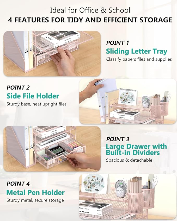 WALI Desk File Organizer, 4 Tier Desktop Paper Letter Tray Organizer with Drawer and 2 Pen Holders, Office Desk Accessories & Workspace Organizers for Office, Home Supplies(DO005DH-P), 1 Pack, Pink - Image 4