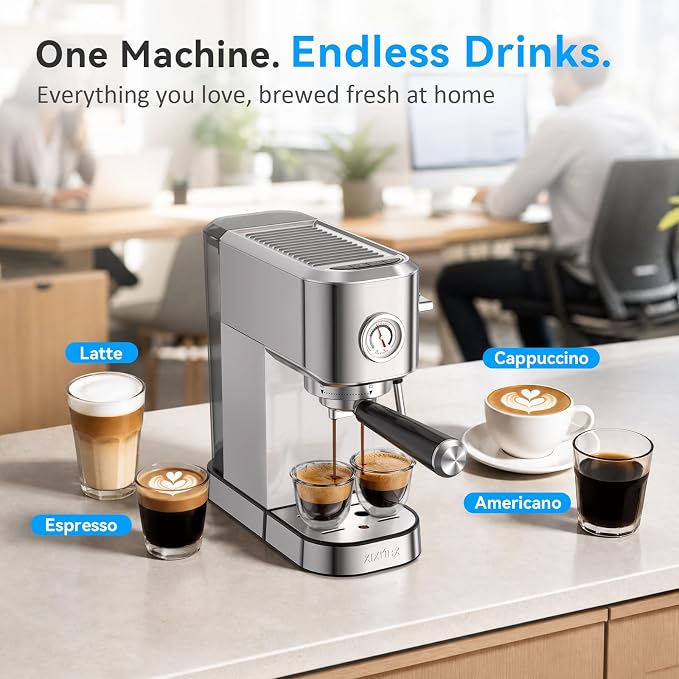 XIXUBX Espresso Machine with Milk Frother for Cappuccino & Latte for Home | 20-Bar Pump, Built-in Pressure Gauge, Powerful Steam Wand, Milk Frothing Pitcher, 42 oz Removable Water Tank, Stainless Steel - Image 7