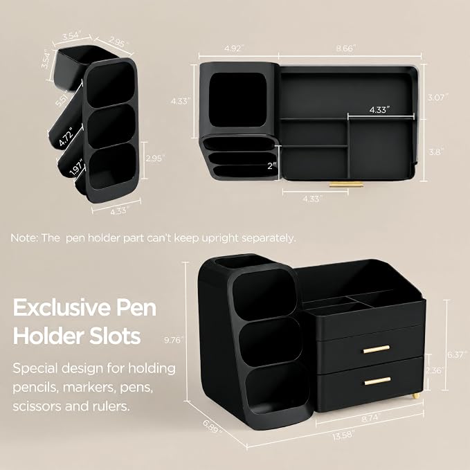 HBlife Desk Organizer with Pen Pencil Holder for Desk, Pen Organizer with 2 Drawers, Desk Organizers and Accessories with 4 Compartments, Desktop Storage for Office Home School Art Supplies, All Black - Image 5