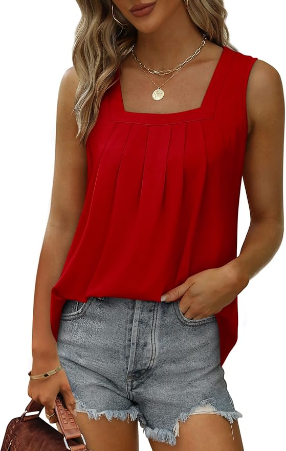 Saloogoe Summer Tank Tops for Women Loose Fit Pleated Square Neck Sleeveless Tops Curved Hem Flowy - Image 2