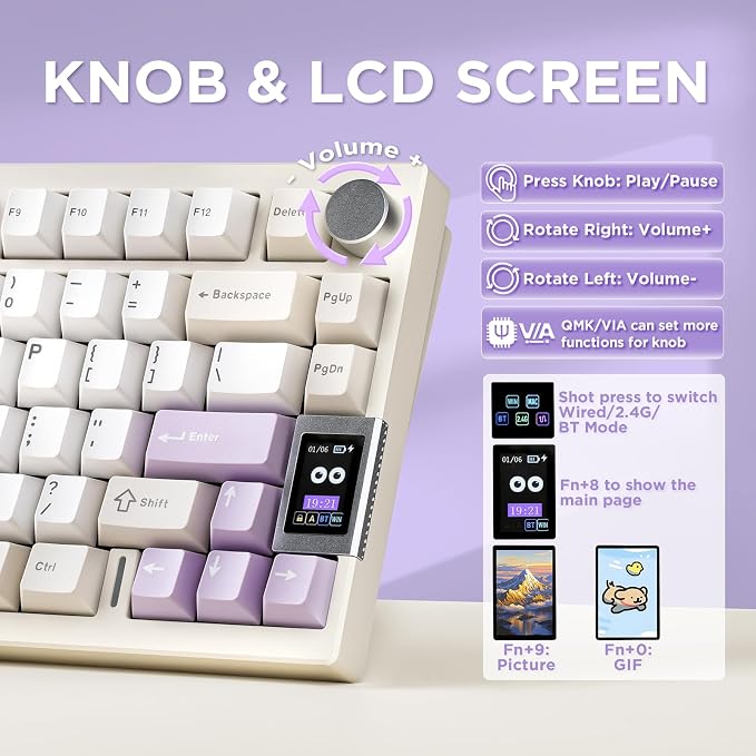 YUNZII AL80 75% Wireless Aluminum Mechanical Keyboard(Beige, Gateron Zero) | QMK/VIA, Smart LCD Display and Knob, Hot Swap, Gasket Structure, BT/2.4G/USB-C, RGB Keyboard for Gaming/Win/Mac - Image 7