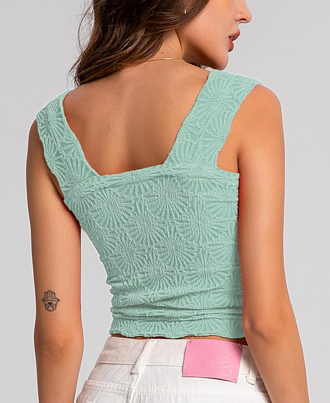 Women's Square Neck Wide Strap Crop Tank Tops Flower Going Out Tops Slim Fit Lettuce Trim Crop Cami Tops - Image 4