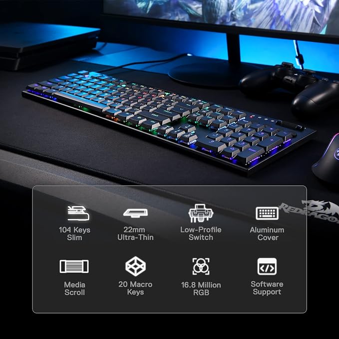 Redragon K619 Horus RGB Mechanical Keyboard, Ultra-Thin Designed Wired Gaming Keyboard w/Low Profile Keycaps, Dedicated Media Control & Linear Red Switch, Pro Software Supported - Image 2