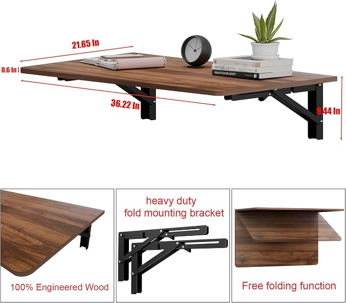 IAE 36x22in Floating Fold Desk,Wall-Mounted Folding Computer Table,Walnut | Study Table with Shelf Brackets,Foldable Down Shelf with Engineered Wood,Fold Computer Desk for Small Apartment,Holds 503 lb - Image 2