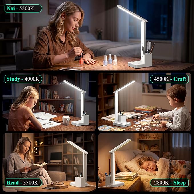 COZOO LED Desk Lamp with 2 USB Charging Ports,Type C Port,1 AC Outlet,2 Pen Holders,3 Color Temperature 3 Brightness Level,Touch/Memory/Timer,10W Eye Protection Foldable Reading Light,Study Lamp-White - Image 4
