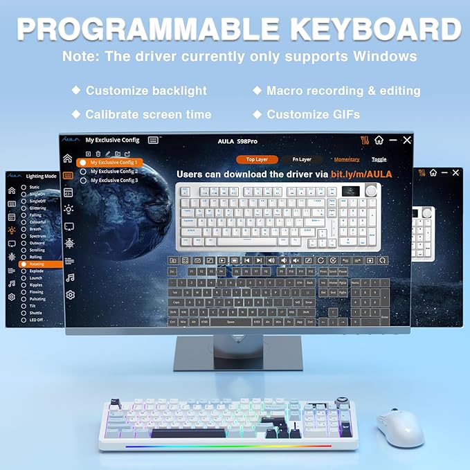 AULA S98 Pro Wireless Mechanical Keyboard,Smart Screen & Knob,Tri-Mode BT5.0/USB-C/2.4GHz Creamy Keyboard,Pre-lubed Linear Switches,Hot Swappable RGB Backlit Computer Gaming Keyboards - Image 6