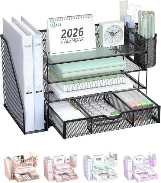 WALI Desk File Organizer, 4 Tier Desktop Paper Letter Tray Organizer with Drawer and 2 Pen Holders, Office Desk Accessories & Workspace Organizers for Office, Home Supplies(DO005DH-B), 1 Pack, Black by WALI