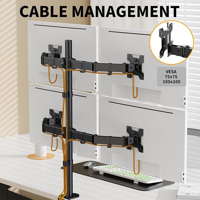 Black Quad Monitor Arm Mount for 13-27 Inch Screens | Ultrawide Screens Up to 34 inch Fully Adjustable Stand with C-Clamp/Grommet Base Max VESA 100x100 Each Screen Capacity 22lbs - Image 6