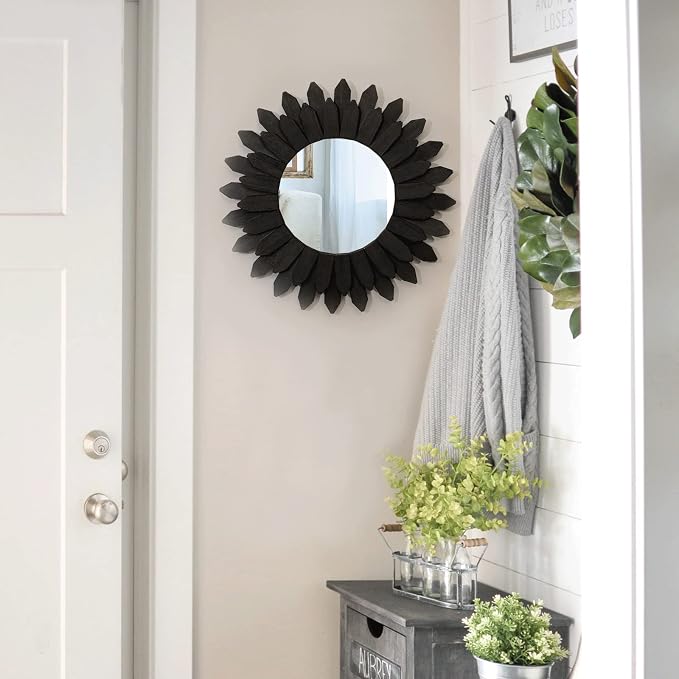 Honiway Boho Wall Decor Mirrors for Wall 2 Pack 12 inch Wood Decorative Mirror for Room Decor Rustic Farmhouse Mirror for Bedroom Bathroom Living Room Kitchen Black - Image 4