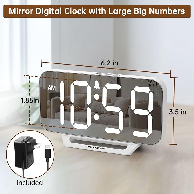 Peakeep Slim Digital Mirror Aesthetic Alarm Clock for Bedrooms Desk Decor | Plug in Electric Big LED Modern Small Clock for Office Living Room, Battery Backup, 6 Dimmers (White) - Image 2