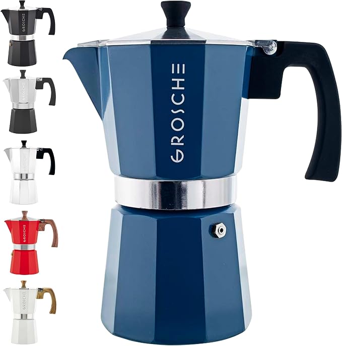 GROSCHE Milano Stovetop Espresso Maker Moka Pot 9 Espresso Cup, 15.2 oz, Blue. Stove top Coffee Maker Moka Italian Espresso greca Coffee Maker Brewer Percolator | Cuban Coffee Maker And Italian Moka Pot For Stovetop Espresso; For Gas, Electric, And Pro... by GROSCHE