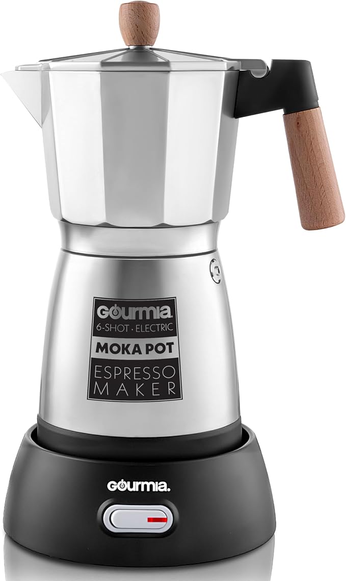 Gourmia Electric Moka Pot Espresso Maker – 6 Shot Italian-Style Coffee Brewer, 550W Detachable 360° Cordless Base, Food-Grade Aluminum, Beechwood Handle by Gourmia