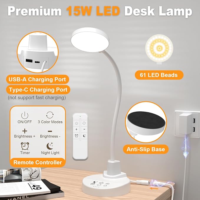 15W LED Desk Lamp with USB Charging Ports, [Button & Remote Control] Dimmable Table Lamp with 3 Color Modes, 5 Brightness Levels, 4 Timers, Flexible Reading Light for Home Office, Bedroom, Kids Study - Image 9