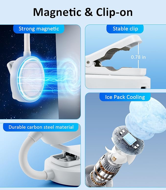 Magnetic Phone Fan with Ice Cooling, 3-in-1 Clip on Fan & Phone Stand, Rechargeable Mini Handheld Fan, 360° Flexible Gooseneck Portable Fan for Cruise Travel Desk Gym Makeup（White） - Image 6