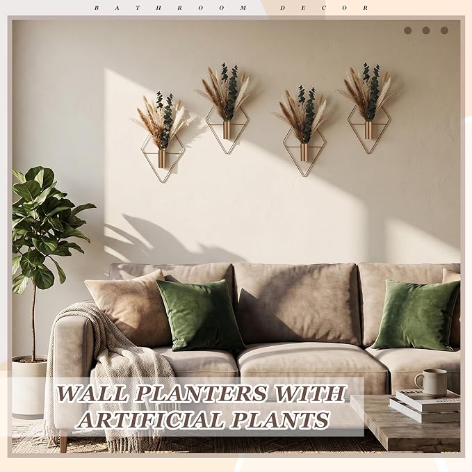 Jexine 4 Pcs Hanging Planters with Artificial Pampas Metal Hanging Vase Indoor Plants Holder Modern Geometric Boho Bathroom Wall Decor for Living Room Home Office, Antique Copper - Image 4