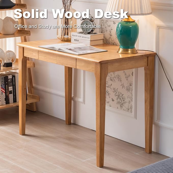 Solid Wood Desk with Drawer, Small Computer Desk for Small Spaces, Gaming Study Home Office Desks for Work, Student PC Desk for Bedroom, Escritorios para Cuartos (Wood Color, 39.4 inch) - Image 5