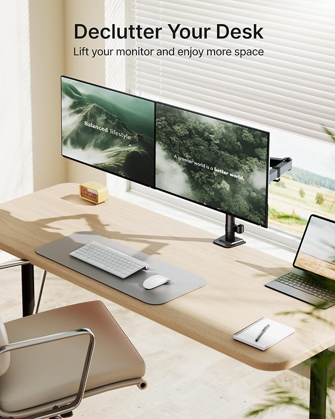 monTEK Heavy-Duty Dual Monitor Stand for 17-32", 22 lbs Each | Adjustable dual monitor mount, full-motion arms, clamp/grommet bases, cable management and VESA 75/100 - Image 6