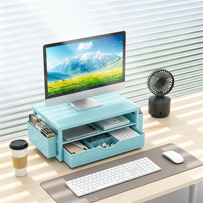 gianotter Desk Organizers and Accessories, Monitor Stand with Drawer and 2 Pen Holder, Desktop Organizer Suitable for Offices and Dormitories (Blue-Plain) - Image 7
