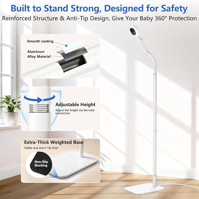 Floor Stand for Nanit Baby Monitor, Baby Camera Stand for Nanit Pro/Plus with Anti-fall Design & Heavy-Duty Base, 37-69" Adjustable Height Flexible Nanit Camera Mount for Crib, No Tools or Wall Damage - Image 4