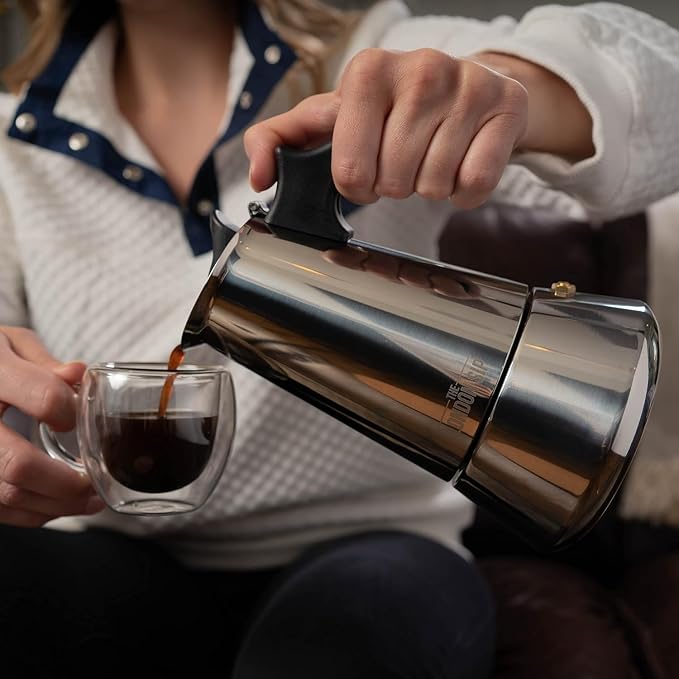 London Sip Stainless Steel Stovetop Espresso Maker Moka Pot Italian Coffee Percolator, Silver, 10 Espresso Cups - Image 3