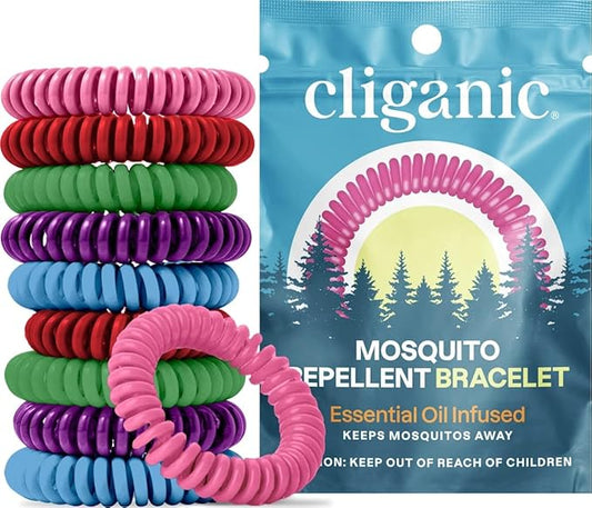 Cliganic 10 Pack Mosquito Repellent Bracelets for Adults & Kids (Rainbow Colors) - Natural DEET-Free Bands, Individually Wrapped by Cliganic