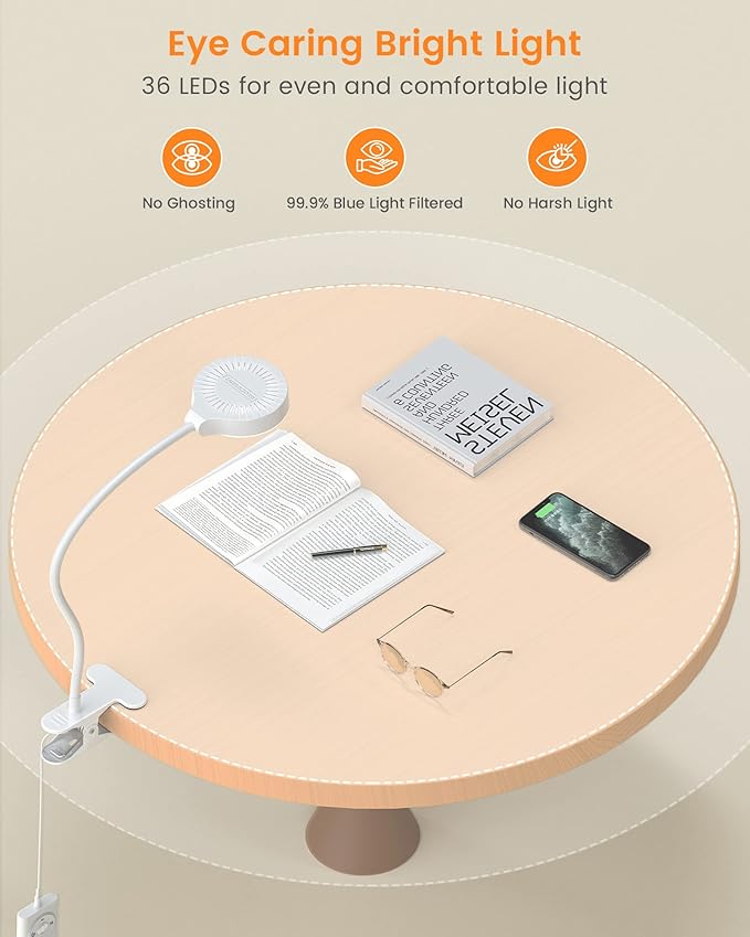 Glocusent 5W Clip on Light, 3 Colors & 5 Brightness Reading Light for Bed | Flexible Gooseneck Clip on Lamp, 30-Min Timer, Reading Lamp, Perfect Desk Lamp for Dorm,Bunk,Bed,Headboard,Table,Work,Craft - Image 2