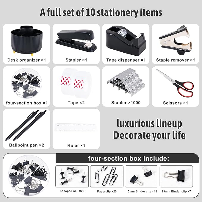 Gawsey Black Desk Organizers and Accessories with Desk Organizer 360° Rotating Pen Holder and Office Supplies, Cute Stationery Supplies Set - Image 3