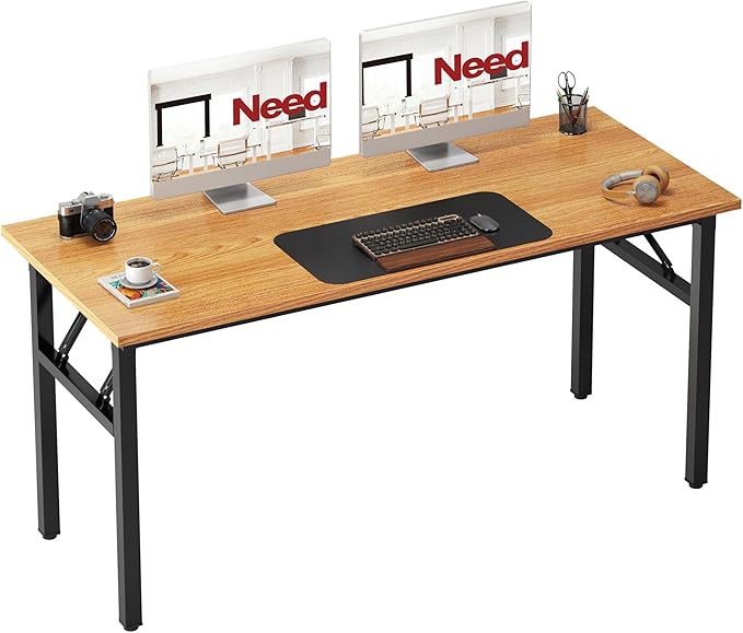 Need Office Computer Desk 54.3 Inch Sturdy Folding Laptop Table Teak | Black Frame Writing Gaming Work Table/Foldable Home Office Desk/Sewing Table, No Assembly Required by Need